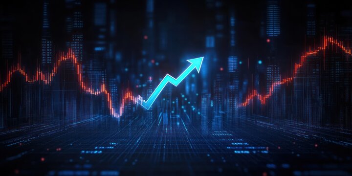 Digital stock market graph with rising blue arrow amidst fluctuating red candlestick chart lines on futuristic data background