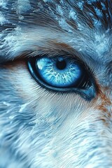 Close-up of an intense blue eye of a wolf surrounded by frosty fur with icy textures creating a cold and mysterious atmosphere