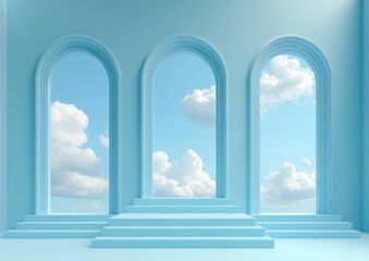 Light blue room with arched windows, sky view