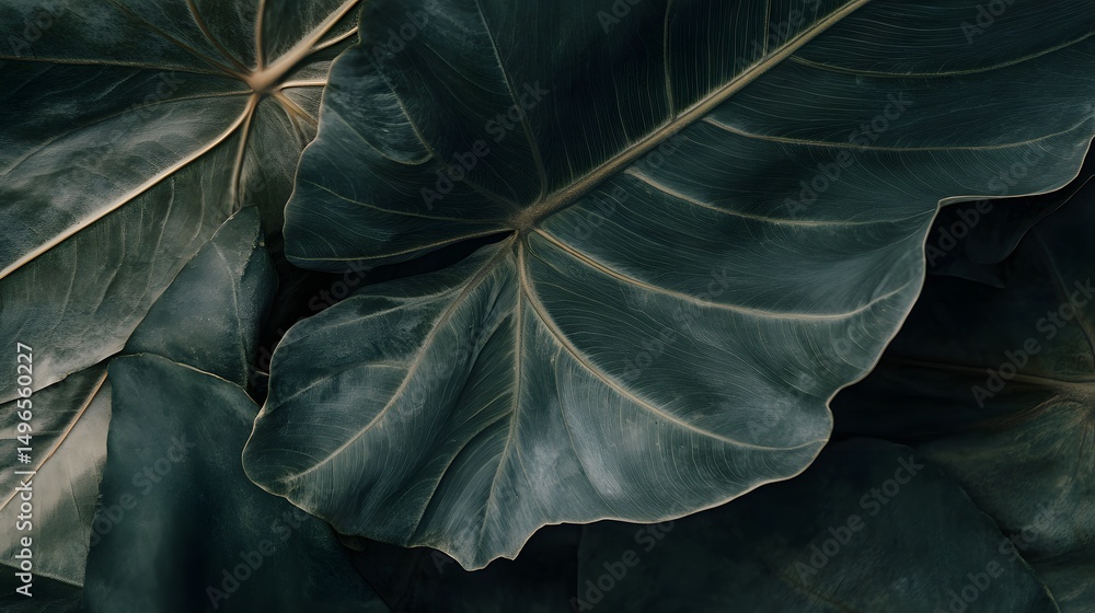 Poster close-up view of deep green leaves' intricate patterns.