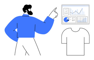 Person pointing at analytical dashboard with graphs and charts displaying data insights. Ideal for business analysis, presentation, learning, education, technology, marketing, simple landing page