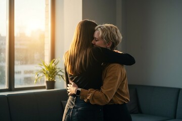 National Sister Day Celebration – Female Colleagues Sharing a Warm Hug in Modern Office