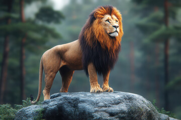 Naklejka premium A majestic lion stands proudly on a rock, surrounded by a lush forest background.