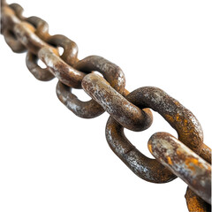 Obraz premium Heavyduty industrial chain resting on white background emphasizing rust and wear for durability analysis, Heavyduty Industrial Chain, white background