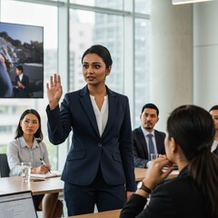 Photo of Businesswoman Raising Hand in Corporate Meeting