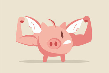 Strong financial health, success personal finance strategy or money power and growth investment concept, Strong pink piggy bank with muscle arms and flying wings ready to fight for business profit.