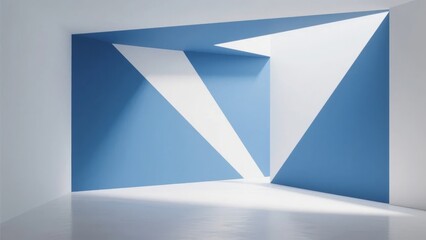 A minimalist room with geometric blue and white wall design