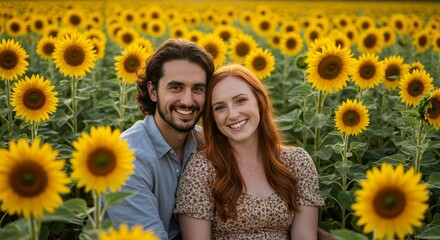 Photo of Couple Smiling in Sunflower Field at Golden Hour