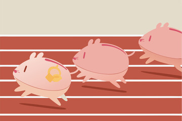 Mutual funds, stock investment performance or savings, business profit concept, pink piggy banks running fast to reach target, they compete on race track and field path to win the finance money game.