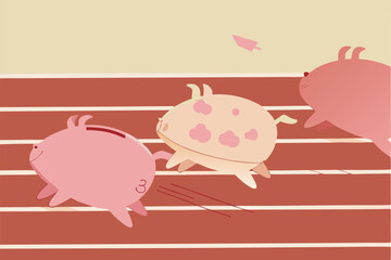 Mutual funds, stock investment performance or savings, business profit concept, pink piggy banks running fast to reach target, they compete on race track and field path to win the finance money game.