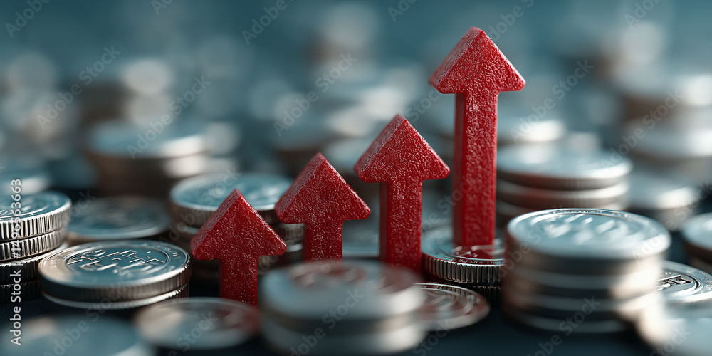 Poster a red arrow is on top of a pile of silver coins. the coins are arranged in a pyramid shape, with the