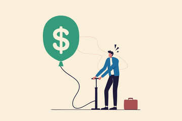 Obraz premium Investment bubble causing financial crisis, overvalued stock market or money inflation concept, businessman investor pumping air into big floating balloon with US Dollar money sign ready to burst.