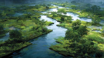 Serene Waterway Through Lush Green Landscape
