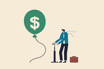 Investment bubble causing financial crisis, overvalued stock market or money inflation concept, businessman investor pumping air into big floating balloon with US Dollar money sign ready to burst.