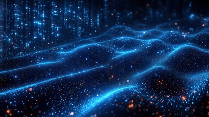 Glowing blue waves of digital particles and light dots creating a futuristic and dynamic abstract landscape with floating vertical streams of light