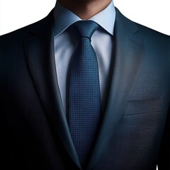 Close-up of a man wearing a dark navy suit jacket, light blue dress shirt, and textured dark blue tie, conveying professionalism and confidence