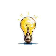 Pixel art lightbulb idea, glowing, white background, website design