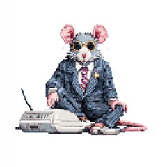 Pixel Art Rat in Suit Uses Fax Machine