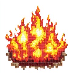 Pixelated bonfire flames burning brightly, isolated