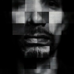 Pixelated Man Face, Dark Background, Digital Art, Website Banner