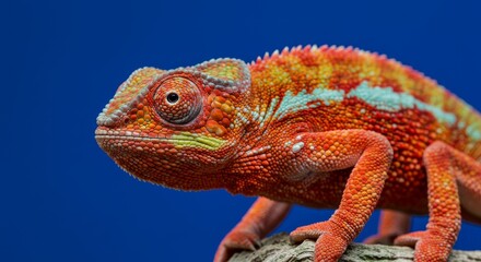 Obraz premium Photo of a Colorful Chameleon on a Branch Against a Blue Background