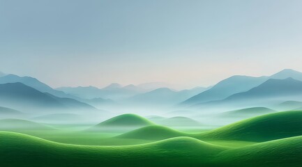 Fototapeta premium A serene landscape with rolling green hills and distant mountains shrouded in mist