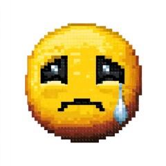 Pixelated sad emoticon crying, digital art, white background