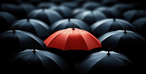 Bright red umbrella standing out among numerous black umbrellas with water droplets on their surfaces in low light
