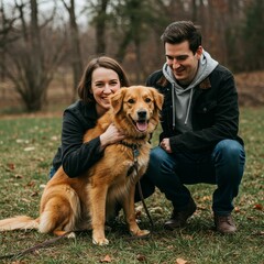 Photo of Couple with Golden Retriever in Autumn Park
