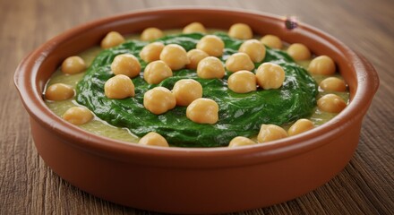 Photo of Creamy Spinach with Roasted Chickpeas in a Rustic Bowl