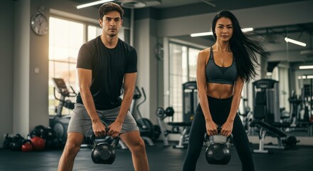 Photo of Couple Doing Kettlebell Swings in Modern Gym