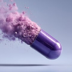 Purple capsule exploding, powder, studio, healthcare, medical