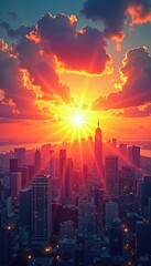 Obraz premium A vibrant sunrise over a cityscape, symbolizing optimism and the potential for growth and new beginnings; a visual representation of hope being built , growth, building