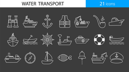 Ships icons. Simple Set of Travel by Sea Related; cargo transportation by water. Vector Line Icons white on gray dark background. Contains such Icons as Port; Cruise Liner; anchor; smoking pipe.