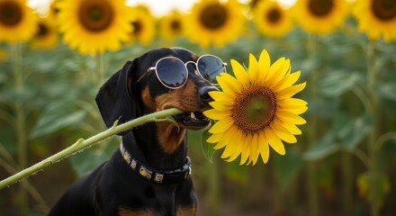 Photo of Dachshund with Sunflower and Sunglasses in Field