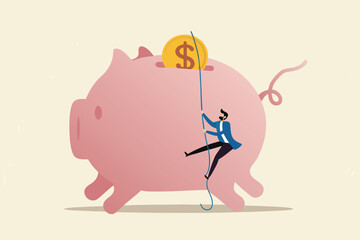 Personal finance strategy, income tax or investment target for office worker retirement concept, confidence businessman using rope to climb up pink piggy bank with golden money coin as final target.