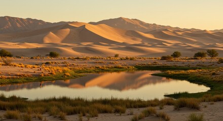 Photo of Desert Oasis at Sunset with Sand Dunes and Mountains