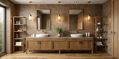Clean minimalist bathroom with a rustic touch featuring wooden cabinetry, brass mirrors and mocha mousse walls, mocha color scheme, clean bathroom
