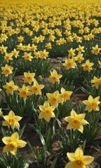Obraz premium Glistening daffodil petals, sunny field of bright yellow blooms , yellow, springtime, flora