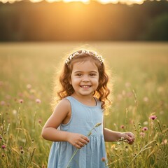 Photo of a Young Girl in a Field of Wildflowers at Golden Hour