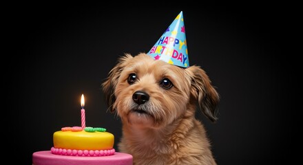 Photo of Adorable Dog with Birthday Cake and Candle