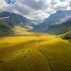 Photo of Aerial Golden Meadow Valley Waterfall Mountain