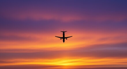 Photo of Airplane Silhouette Flying High in Orange Sunset Sky