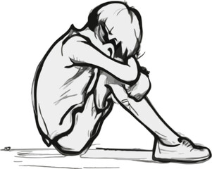 Vector cartoon stick figure drawing conceptual illustration of sad or depressed man siting alone