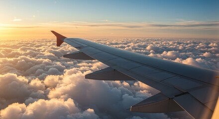 Photo of Airplane Wing Above Clouds During Sunset