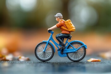 Miniature figurine of a person riding a blue bicycle with an orange backpack on a blurred natural background