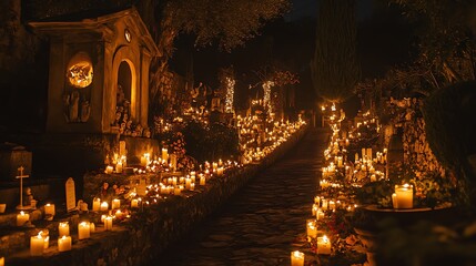 Fototapeta premium Many candles illuminate a pathway through a graveyard at night.