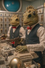 Reptilian Tellers Counting Cash in Vault