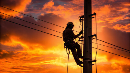 Silhouette of Electrician Working on Utility Pole Against Dramatic Orange Sunset Sky