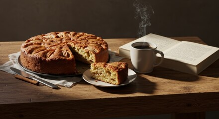 Photo of Apple Cake Coffee and Open Book on Rustic Wooden Table